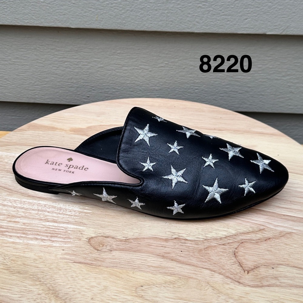 Kate Spade New York Blue Leather Star Embroidered Pointed Toe Mules Slides 8.5M
